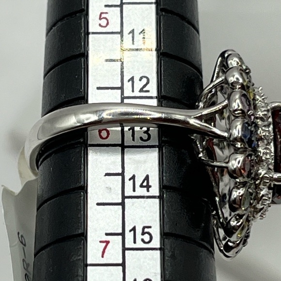 Cocktail Ring Faceted Red Quartz Multi Gemstone Flower Ring Signed FP Sz 6 VTG - Picture 13 of 14